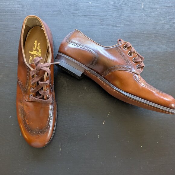 Vintage 50s Brown leather wingtip oxfords shoes deadstock lace up 1950s heels - Picture 1 of 9